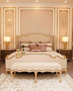 <b>Antique</b> Royal Classic King Size Bedroom Set Hand Curved Villa Bedroom Set With Green Fabric Front Bench Elegant Bedroom Set - Product Image 3