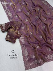 Best Quality Fancy Satin Jacquard with Sequin-<b>Beads</b>-Zari Self Weaving Work Saree-Matching work Blouse Collection Indian Exporter - Product Image 3