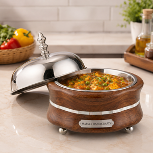 Casserole en bois avec incrustation de nacre, artisanat Marvel |   Bol intérieur en acier inoxydable |   Plat de service alimentaire haut de gamme |   Luxe - Product Image 3