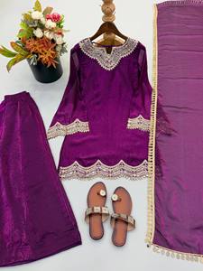 Nuevo Conjunto de Salwar Kameez de Seda con Bordado de Diseñador y Trabajo con Espejos Reales - Reversible, Sin Arrugas, para Fiestas, para Todas las Temporadas - Product Image 6