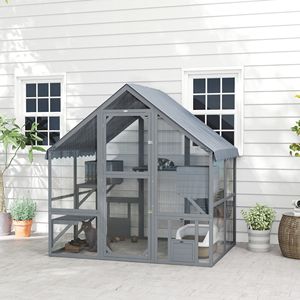 Recinto per Gatti in Legno Impermeabile con 2 Cucce, 4 Piattaforme, Ponte e Porte, per Gatti Multipli, Grigio - Product Image 2