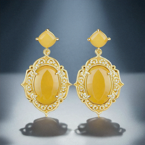 Pendientes de Ónix Amarillo y Circonita Cúbica |   Ovalado de 8 mm |   Plata de Ley 925 Chapada en Oro de 18K |   Joyería llamativa |   Joyería de Boda - Product Image 6