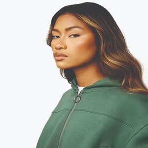 Women's Green Hooded Zip-Up Sweatshirt <b>Long</b> Sleeve Casual Fleece Jacket Winter Outfit Solid Color Breathable Knitted 100% Cotton - Product Image 4