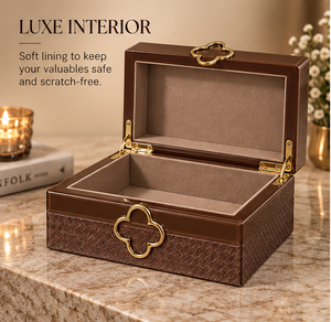 <b>Chocolate</b> Brown Glass Jewelry Storage <b>Box</b> with Clover Metal Accent Textured Finish Soft Lining Decorative Keepsake and Vanity Or - Product Image 4