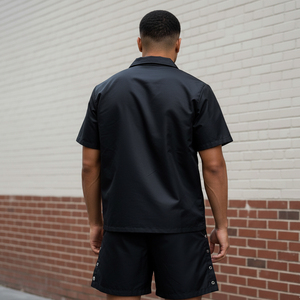 Conjunto de Camisa y Pantalones Cortos de Satén Negro para Hombre, Cuello Camisero, Color Sólido, Ropa Casual de Verano, Secado Rápido, Poliéster - Product Image 5