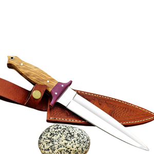 Cuchillo de caza hecho a mano de acero D2 con mango de micarta rosa y madera de olivo, hoja fija pulida, cuchillo de camping para exteriores con funda de cuero. - Product Image 1