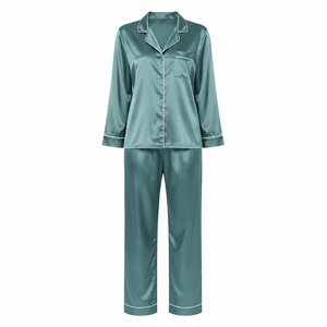 Pyjama décontracté pour femme en satin tissé 100 % polyester, manches longues, 2 pièces, motif uni, col cranté, lavable en machine, toutes tailles - Product Image 1