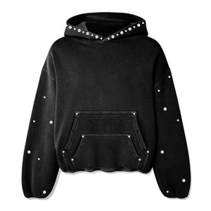 Oversized <b>Black</b> Hooded <b>Sweatshirt</b> With Rhinestone Details Crop Length Unisex Knitted Cotton Autumn Wear - Product Image 5