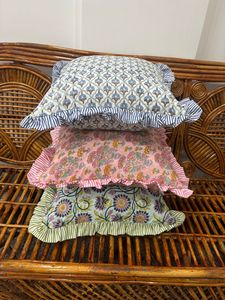 Elegant Handmade Cotton Luxury Floral Block Print Throw <b>Pillow</b> Cover Ruffle Edge Boho <b>Sofa</b> Cushion Case Zipper Closure - Product Image 6