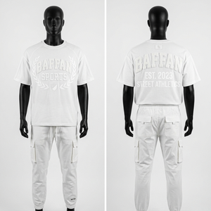 Ensemble t-shirt et pantalon cargo en coton premium 180 GSM, couleur blanche, impression en relief, logo personnalisé, streetwear, ensemble 2 pièces pour homme - Product Image 5