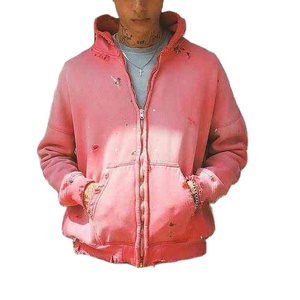Sudaderas con capucha de invierno 100% algodón French Terry grueso para hombre, con cremallera, parche bordado y diseño desgastado, al por mayor - Product Image 2