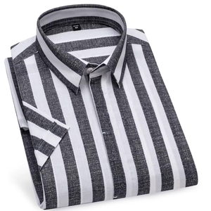 เสื้อเชิ้ตแขนสั้นลายทางสไตล์ฮาวายสำหรับผู้ชาย เสื้อเชิ้ตผ้าลินินลายทางลำลองทันสมัยสำหรับผู้ชาย เหมาะสำหรับใส่ไปชายหาดในฤดูร้อน - Product Image 1