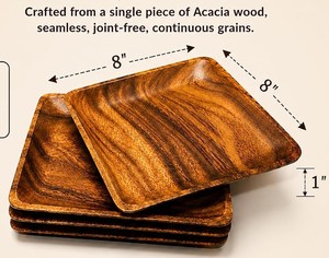 Juego de 4 Platos Cuadrados de Madera de Acacia de Lujo, Platos de Madera Natural para Servir Cena, Aperitivos y Postres - Product Image 6
