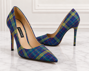 Escarpins à talons hauts en tartan pour femmes, élégants, à bout pointu, style stiletto, chaussures de marque privée, écossaises de haute qualité pour mariage et soirée - Product Image 1