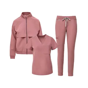 Stylish Pink Customize 3 Pieces Scrubs Sets Spandex Scrubs Uniform Zip Up Jacket Medical Uniform Suit Outfit Scrub Doctor Jacket