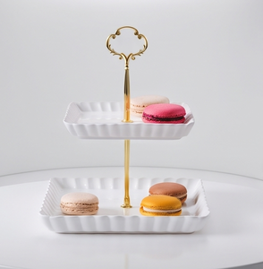 Modern White Metal 2 <b>Tier</b> <b>Cake</b> <b>Stand</b> Gold Stem Ornate Scroll Handle Rectangular Dessert Display Tray Party Table Decor - Product Image 2