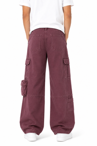 Mens Washed Cargo Denim Pants Wide Leg Utility <b>Jeans</b> Casual <b>Burgundy</b> Streetwear Trousers with Multi Pocket Design Relaxed Fit - Product Image 3