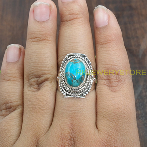 แหวนพลอยเทอร์ควอยซ์สีน้ำเงินธรรมชาติ แหวนเงินแท้ 925 ดีไซน์ทำมือ แหวนสัญญา แหวนเด่น แหวนเครื่องประดับเทอร์ควอยซ์ - Product Image 4