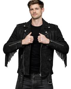 Men's Black <b>Suede</b> Motorcycle <b>Jacket</b> With Fringe Zipper Closure Turn-down Collar Regular Fit Autumn Style - Product Image 2