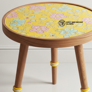 Yellow Meena Floral Design Round Wooden Side <b>Table</b> – Handcrafted Decorative Accent <b>Table</b> for Living Room & Bedroom - Product Image 4