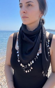 Handmade Silk Stretchable <b>Black</b> Square Scarf Gold Coin Blue Bead Trim for Women Embroidery Crafts Cross-stitching Needlework - Product Image 2