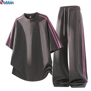 Nuevo Conjunto Deportivo Unisex Estilo Casual de Verano para Hombre, Top Negro de Manga Corta con Media Cremallera y Cuello Redondo a Rayas - Product Image 2