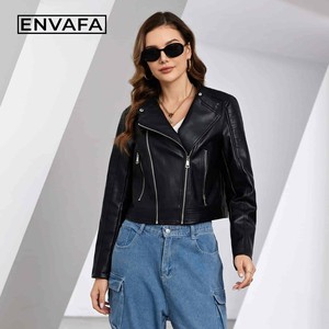 Chaqueta Corta Negra de Cuero Sintético Tejido para Mujer, Estilo Motero, Impermeable, Resistente al Viento, Ropa Exterior Informal para Primavera y Otoño - Product Image 3