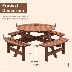 Tavolo da Picnic Circolare in Legno per 8 Persone con 3 Panche Integrate per Patio, Cortile o Giardino - Grigio - Product Image 2