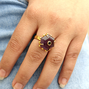 Fashion cocktail <b>ring</b> natural amethyst with black cz <b>adjustable</b> <b>ring</b> beaded designer 18k gold plated brushed finish band <b>rings</b> - Product Image 5