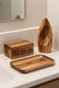Rustic Wooden <b>Bathroom</b> Soap <b>Dispenser</b> <b>Set</b> Two Piece Round Minimalist Style Natural Finish Convenient Organizer for Bath Decor - Product Image 2