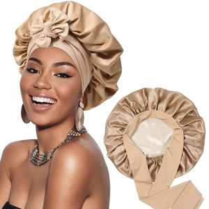 Nouveau bonnet en satin double couche avec large bande à nouer, bonnet de nuit soyeux extensible pour le soin des cheveux et la douche pour femmes - Product Image 4