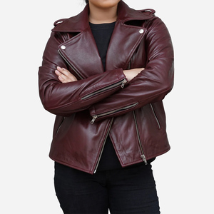Veste de motard en similicuir imperméable et écologique pour femme, couleur bordeaux, manches longues, fermeture éclair, col montant, doublure en bambou, automne - Product Image 4