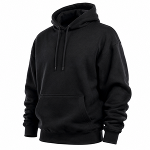 Men's <b>Black</b> Hooded Fleece <b>Sweatshirt</b> Regular Fit Solid Color Casual Pullover Front Pocket Cotton Material Breathable 300g Winter - Product Image 1