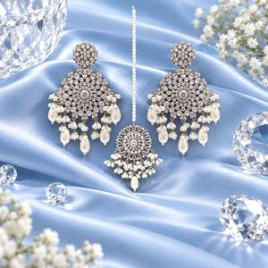 Silver Plated Clear Stone Floral Earrings and Maang <b>Tikka</b> Set with Faux Pearl Drops Bridal Jewelry Factory Wholesale - Product Image 1
