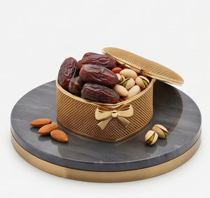Wholesale Gold Finish <b>Heart</b> <b>Shaped</b> Metal Date And Dry Fruit Storage Box Decorative Gift Container With Bow - Product Image 1