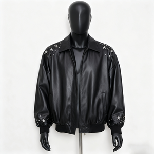 Blouson Bomber en Cuir PU pour Homme, Orné de Strass en Cristal, Col Montant, Fermeture Éclair, Style Urbain - Product Image 2