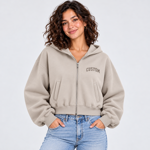 Custom <b>Cropped</b> <b>Hoodie</b> Women Beige <b>Zip</b> <b>Up</b> Sweatshirt Short Waist Outerwear Drop Shoulder Fleece Hooded Jacket Minimalist <b>Hoodie</b> - Product Image 1