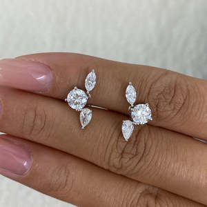 Unique Multi Shape Lab Grown Diamond Earrings Round Marquise Pear Cut Cluster Stud 10K 14K Gold Asymmetric Lab Created Diamond - Product Image 3
