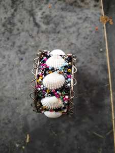 Handmade Embroidered Hinged Cuff Bracelet with Shell Beads and Gold <b>Mirror</b> Boho Fashion Jewelry - Product Image 4