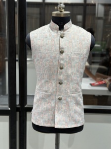 Heritage Pearl Grey Floral Jacquard Nehru Vest for Men Premium Indo Western Wedding Waistcoat Designer Bandhgala Modi <b>Jacket</b> - Product Image 3