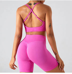Ensemble de yoga court uni pour femme, vente en gros personnalisée, soutien-gorge de sport à dos croisé et short de sport, ensemble d'entraînement 2 pièces respirant à taille élastique - Product Image 6