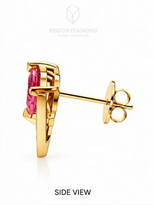 Pendientes geométricos de lujo en oro amarillo de 18 quilates con marco triangular, piedra preciosa rosa de corte redondo y detalles de diamantes en el borde. - Product Image 4