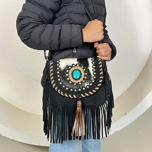 Nuevo estilo occidental pelo en cuero de vaca gamuza bolso con flecos de cuero genuino bolsos de hombro bohemios de alta calidad para mujer con piedra turquesa - Product Image 5
