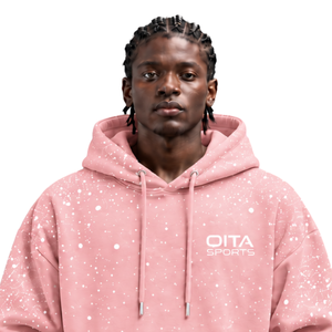 Blush Pink <b>White</b> Speckled Print <b>Men</b> Pullover Hoodie Oversized Fleece <b>Sweatshirt</b> Drawstring Hood Kangaroo Pocket Casual Wear - Product Image 3