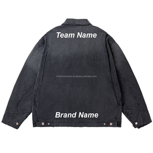 Vintage réversible fermeture à glissière Denim vestes de travail pour hommes femmes brodé lâche lourd lavage endommagé manteaux décontracté - Product Image 2