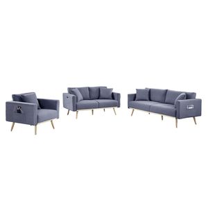 Set da Soggiorno Easton in Tessuto Lino Grigio Scuro con Divano, Divanetto, Poltrona, Porte USB, Tasche e Cuscini - Product Image 2