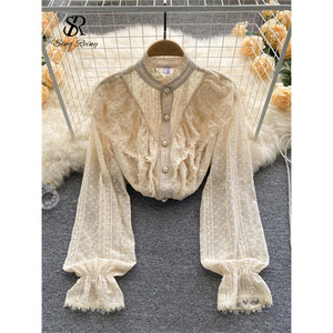 SINGREINY Blusa Francesa Elegante para Mujer, con Volantes Suaves, Estilo Casual Holgado, Manga Larga, Ropa de Calle, Color Blanco - Product Image 2