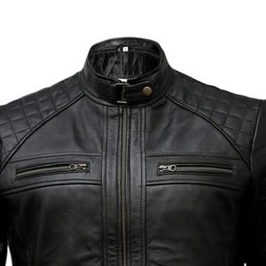 Men's Genuine Leather Motorcycle <b>Jacket</b> Stand Collar Zipper Closure Slim Fit Autumn Biker Style Solid Color Regular Sleeve - Product Image 3