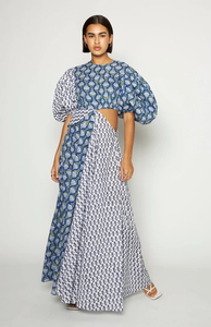 Vestido largo bohemio de verano para mujer, azul, estampado, con patchwork, corte recortado y mangas abullonadas - Product Image 3