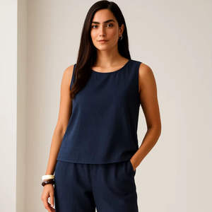 Conjunto elegante de top sin mangas y pantalones de pierna recta para mujer, poliéster, cómodo, ropa informal de oficina, venta al por mayor, indio, pakistaní - Product Image 1